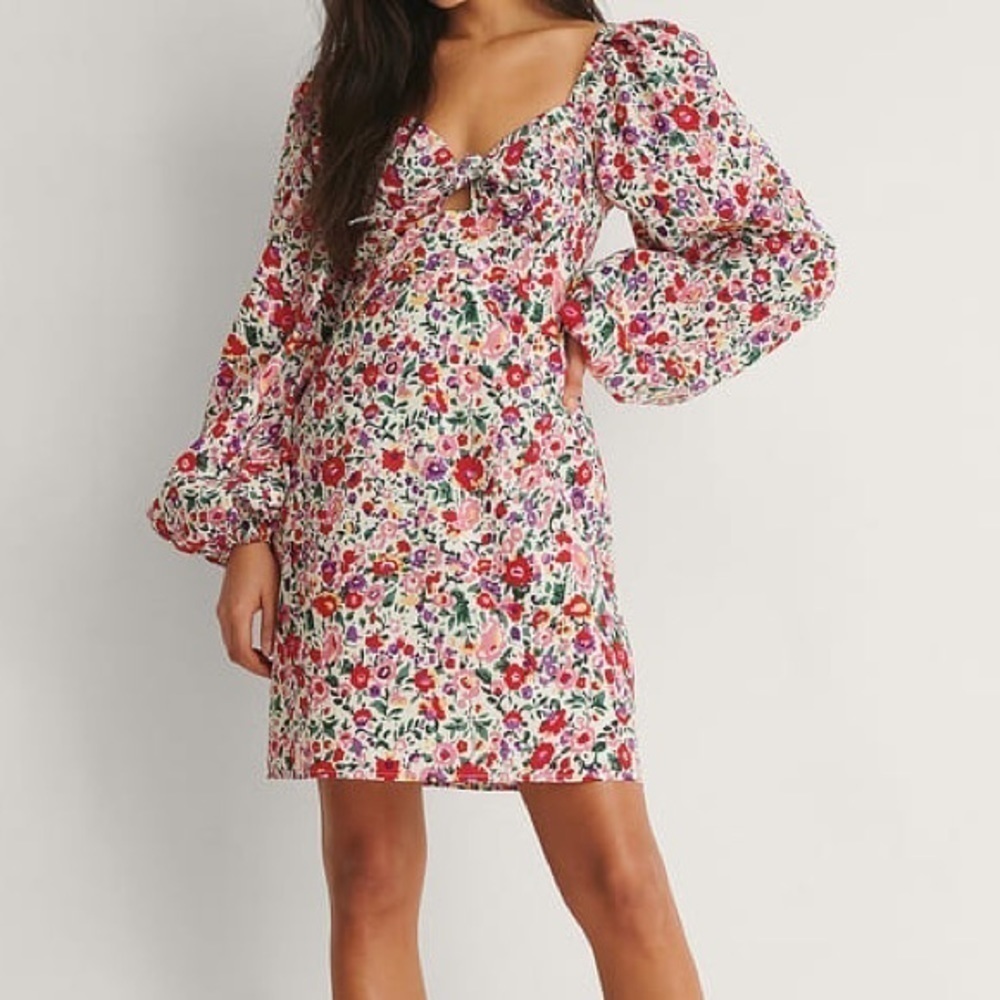 Na-kd Long Sleeve Tie Front Balloon Sleeve Mini Floral Colorful Dress Size Small